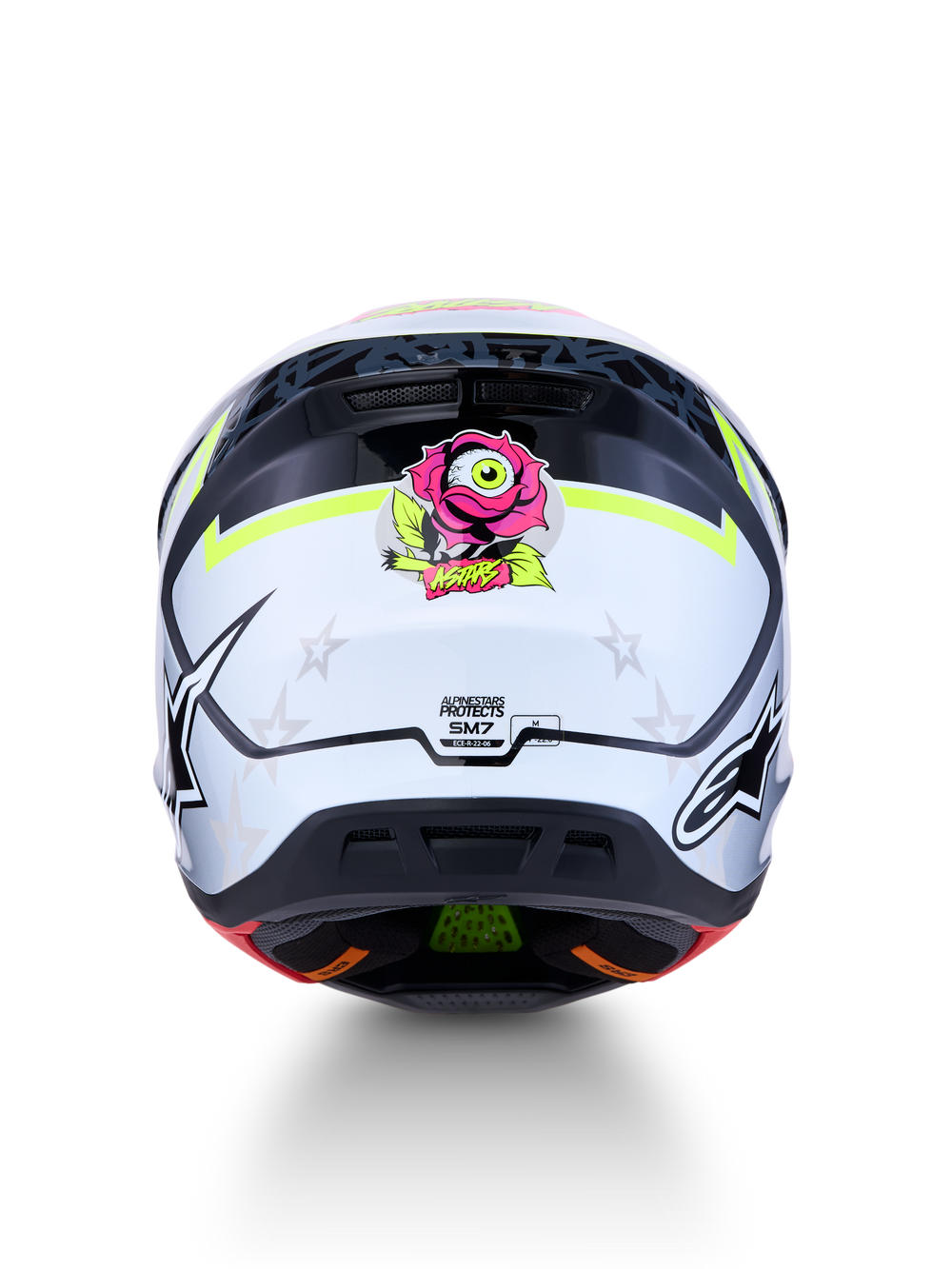 Alpinestars S-M7 Blaster Motocross Helmet, Black and Gray with Yellow Fluo, ECE 22.06 Certified, rear view rose graphic.