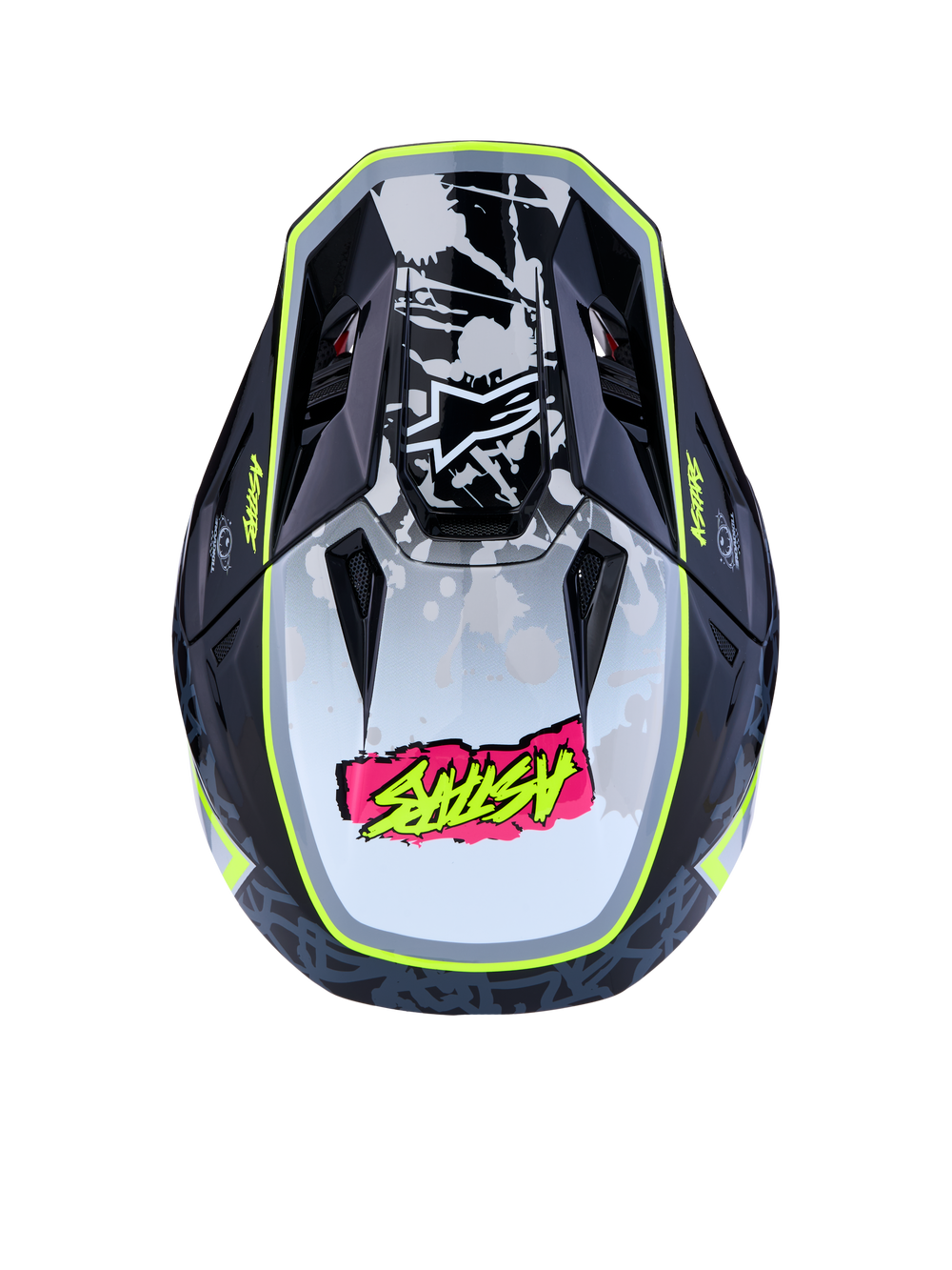 Alpinestars S-M7 Blaster Helmet, Motocross Helmet, Gray and Yellow Fluo, aerodynamic top view with visor and bold graphics.