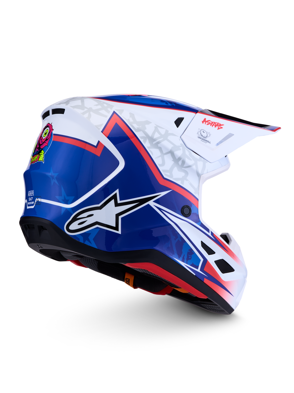 Alpinestars S-M7 Blaster Motocross Helmet, White/Blue/Red Glossy, aerodynamic design with advanced off-road protection.