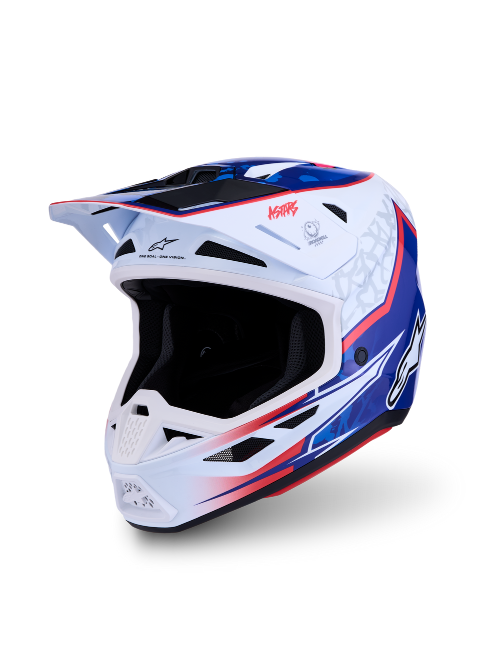 Alpinestars S-M7 Blaster Helmet ECE06/DOT, motocross helmet in white, blue, and red glossy, with a lightweight composite shell.