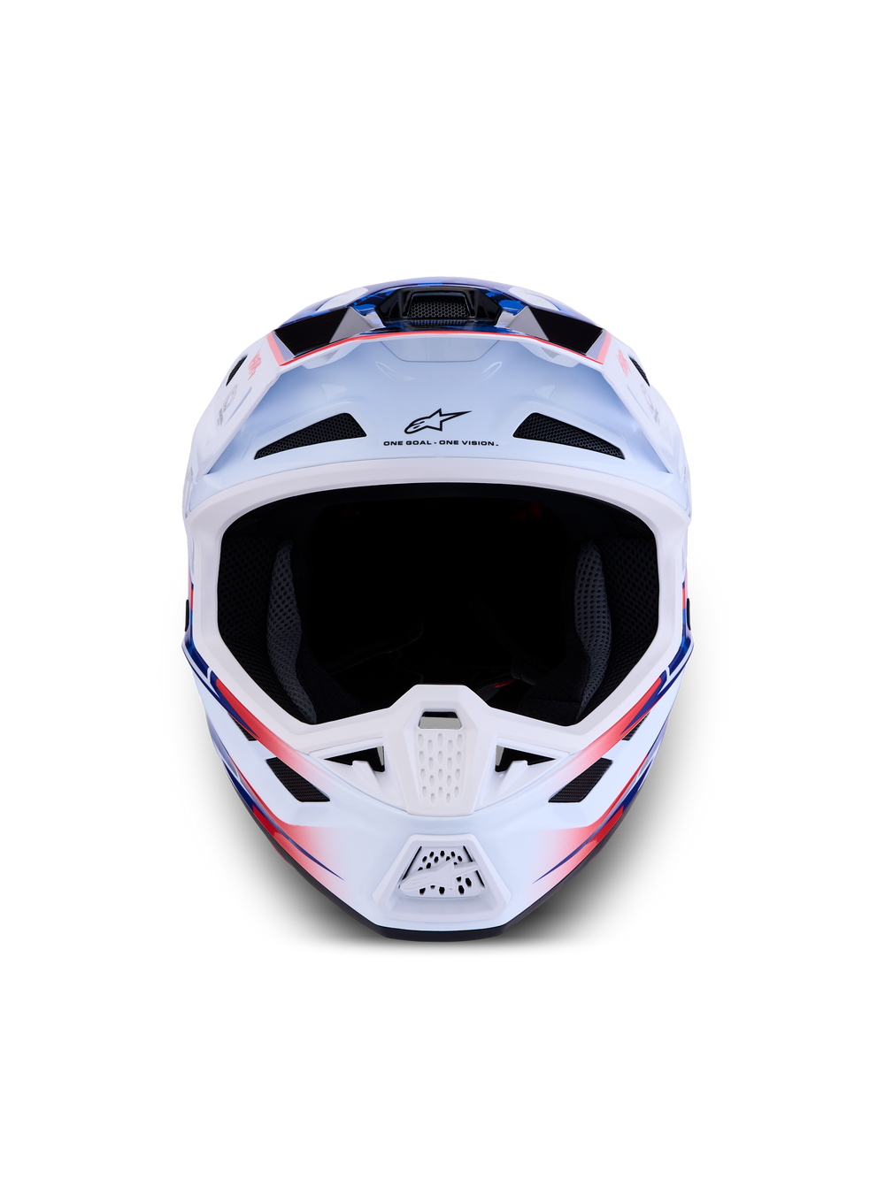 Alpinestars S-M7 Blaster Helmet, motocross racing, white, blue, and red glossy, ECE/DOT certified shell.