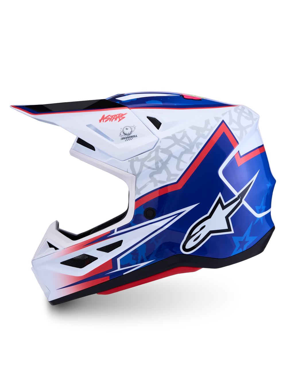 Alpinestars S-M7 Blaster Helmet, glossy white and blue motocross racing helmet with red accents and A-star logo.