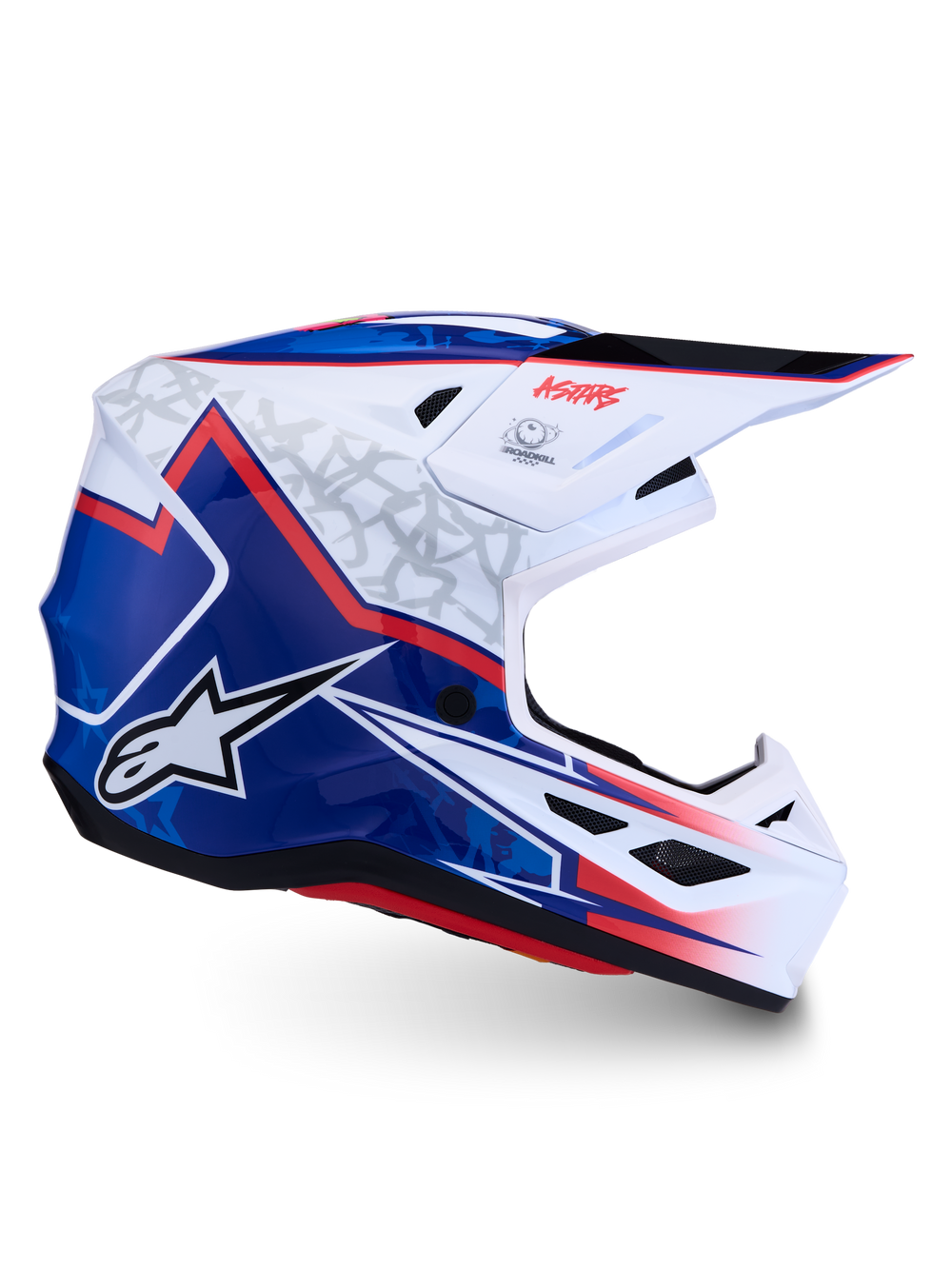 Alpinestars S-M7 Blaster Helmet, professional motocross helmet in White, Blue and Red glossy finish, featuring a lightweight composite shell and ECE 22.06 certification.