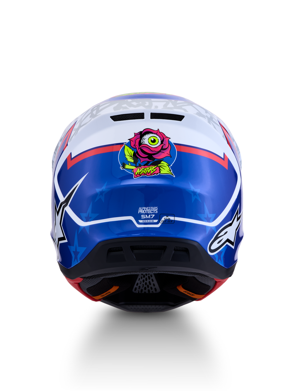 Alpinestars S-M7 Blaster Helmet, Blue and White Glossy MX Helmet with rear rose-eyeball graphic and star design motifs.