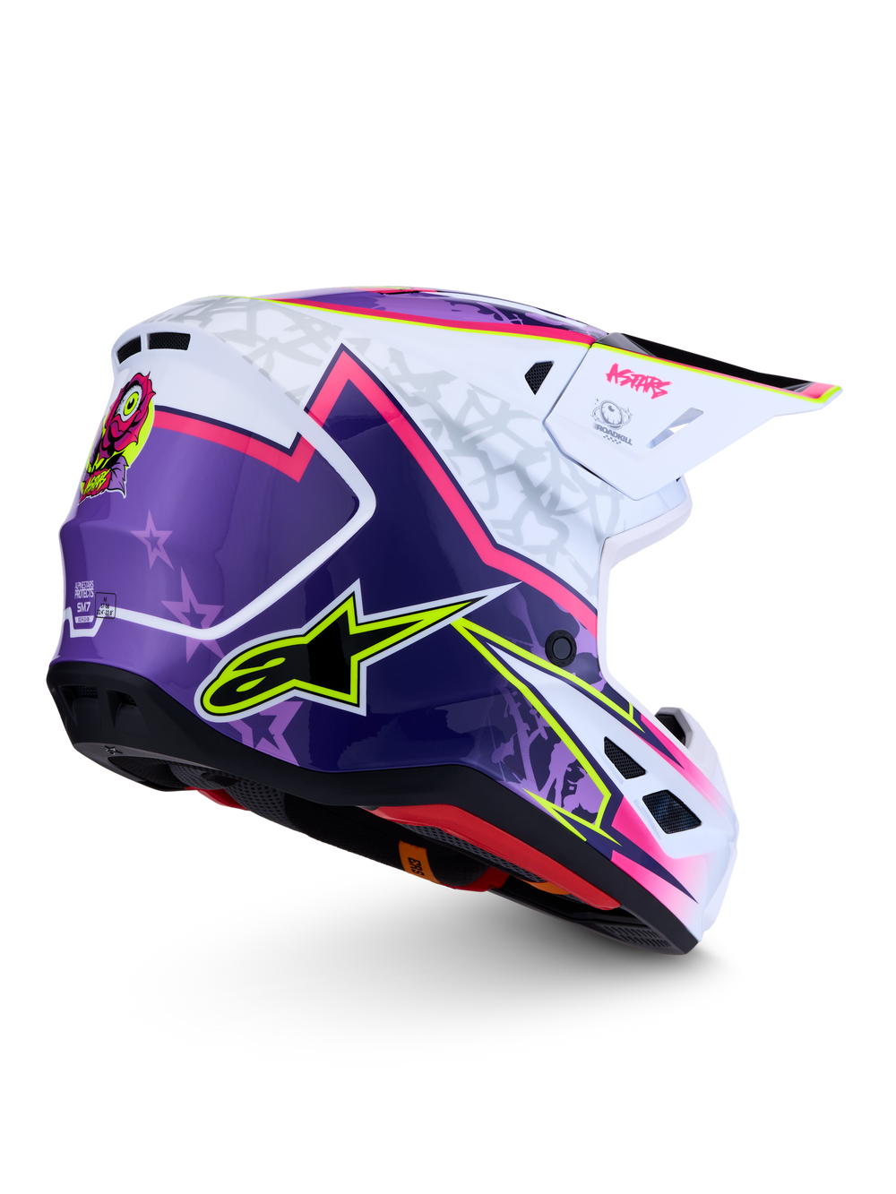 Alpinestars S-M7 Blaster Helmet, Purple, Pink, and White Glossy Motocross Helmet, ECE 22.06 Certified, rear profile view.