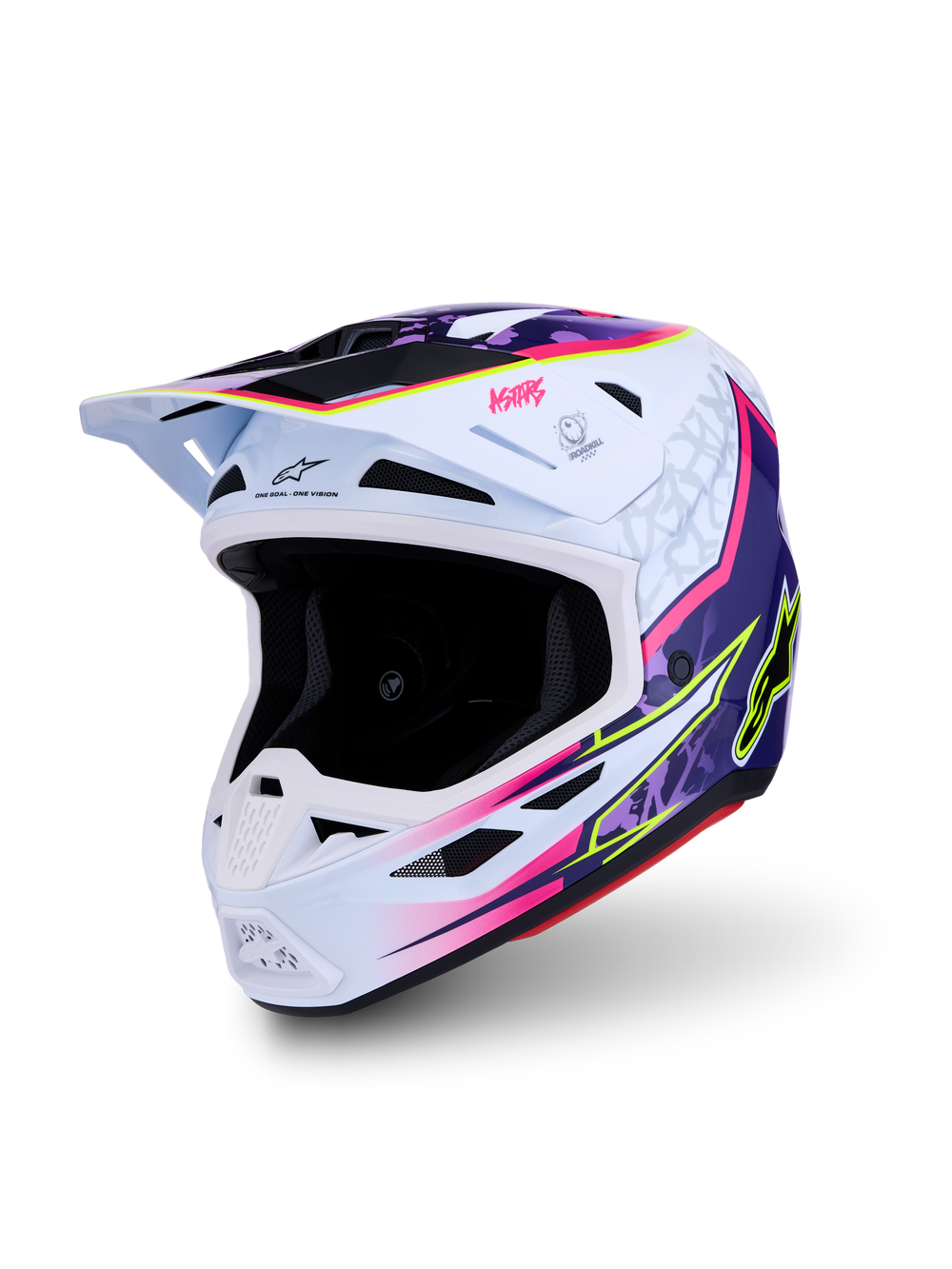 Alpinestars S-M7 Blaster Motocross Helmet, Purple, Pink and White Glossy, ECE 22.06 Certified, lightweight ventilated shell.