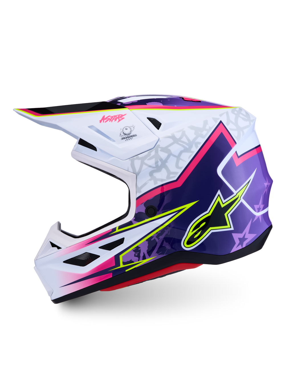 Alpinestars S-M7 Blaster Helmet, Purple and Pink Motocross Helmet, White Glossy, lightweight off-road protection.