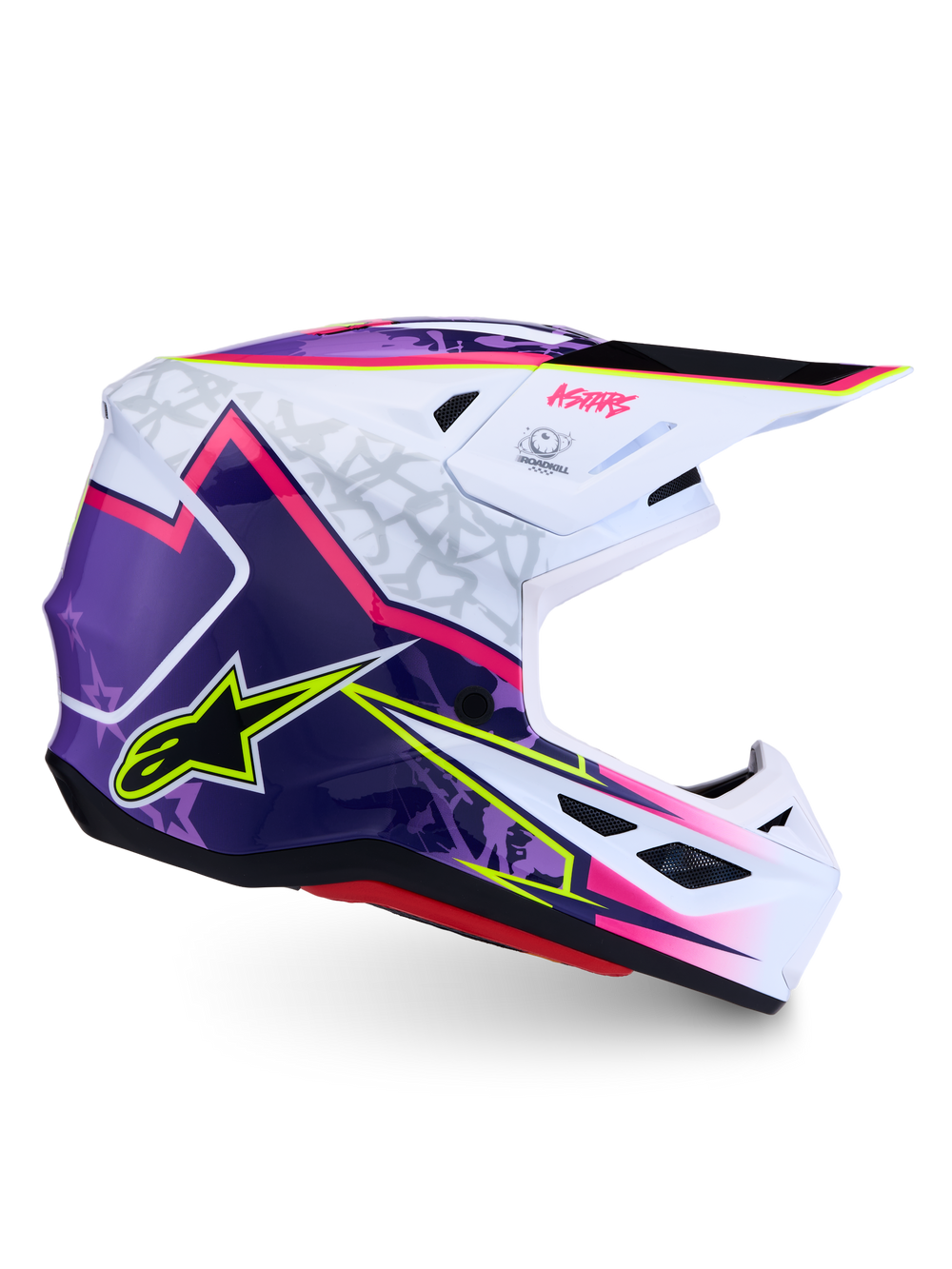 Alpinestars S-M7 Blaster Helmet, Purple, Pink, and White Glossy Motocross Helmet with lightweight composite shell.