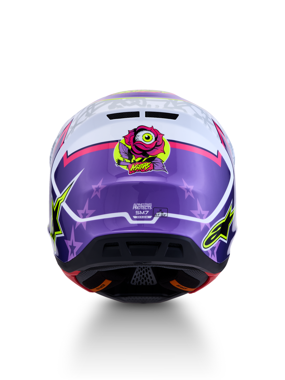 Alpinestars S-M7 Blaster Helmet in Purple and White, featuring a rose eye graphic and ECE 22.06 certified back view.