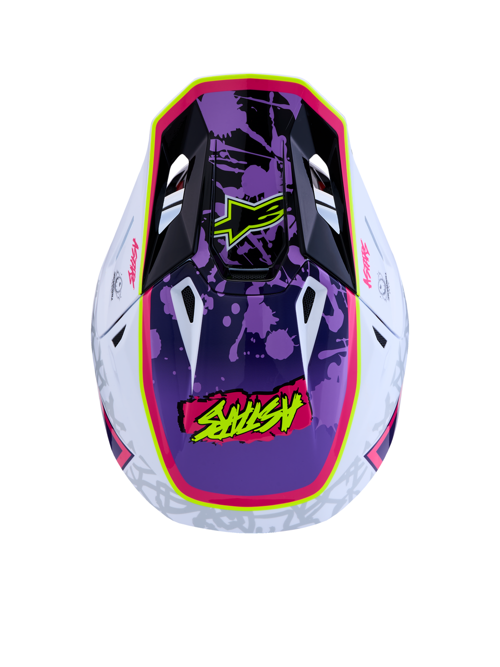 Alpinestars S-M7 Blaster Motocross Helmet, Purple and Pink Glossy, top-down view showing aerodynamic shell, splatter graphics, and ECE certification.