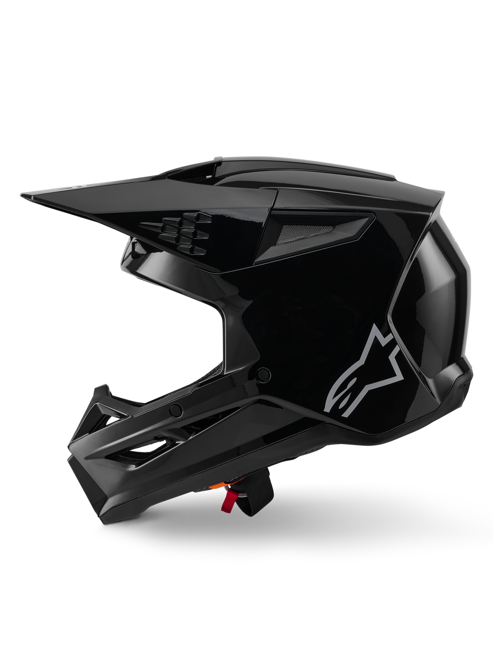 Alpinestars S-M3 Solid Helmet, Motocross Helmet, Black Glossy, side profile view, featuring a silver Alpinestars logo, aerodynamic visor, and multiple ventilation ports for off-road racing
