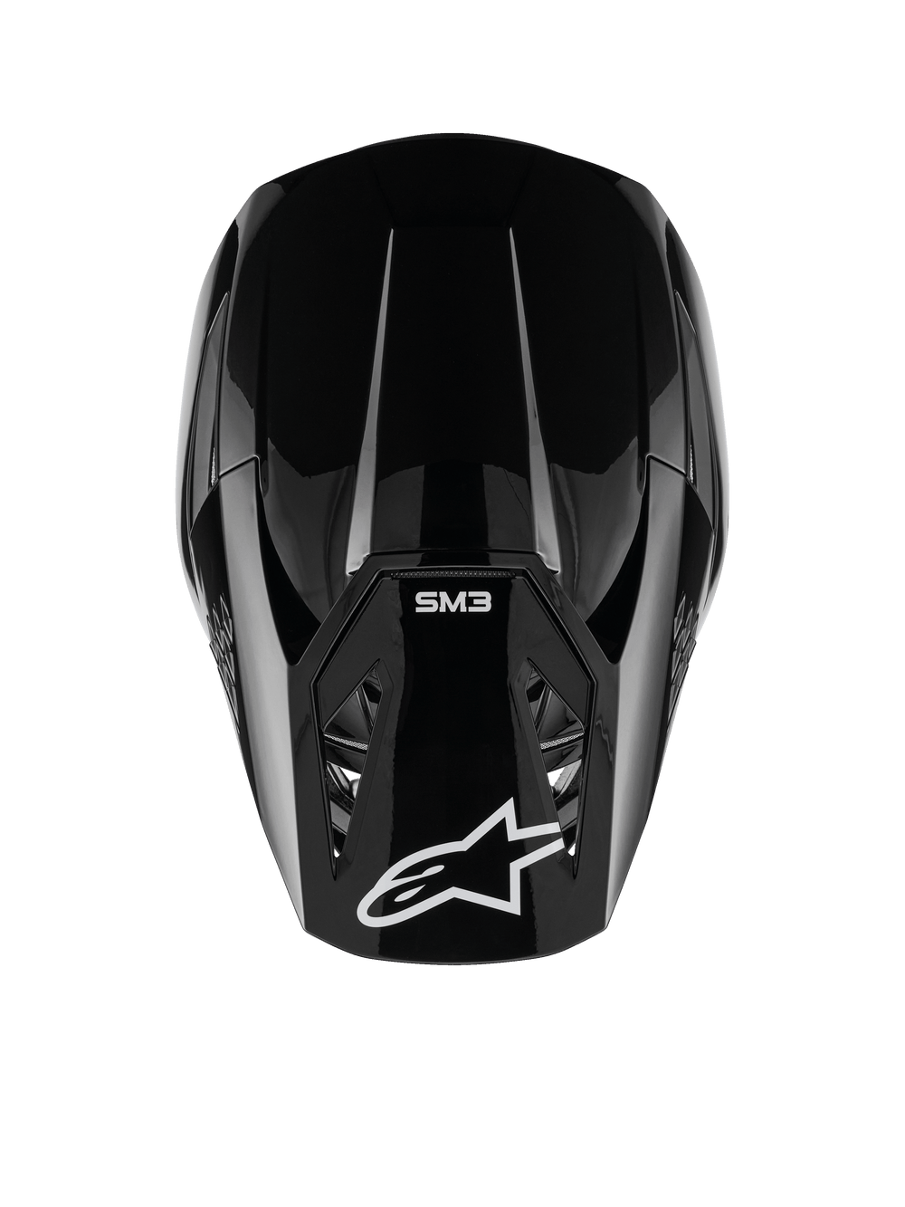 Alpinestars S-M3 Solid Helmet, Motocross Helmet, Black Glossy, top-down view showing white Alpinestars logo and SM3 branding on the visor, sleek aerodynamic design, professional off-road protection