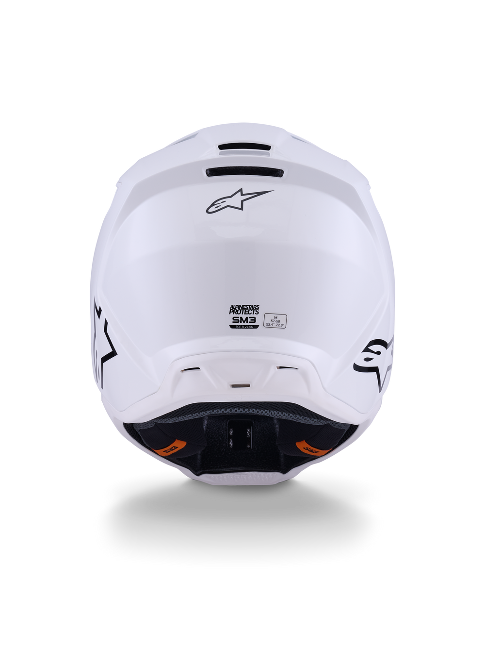 Alpinestars S-M3 Solid Helmet ECE 22.06, Motocross Helmet, White Glossy, Rear view displaying exhaust ventilation ports, Alpinestars logo, and safety certification label, designed for off-road performance