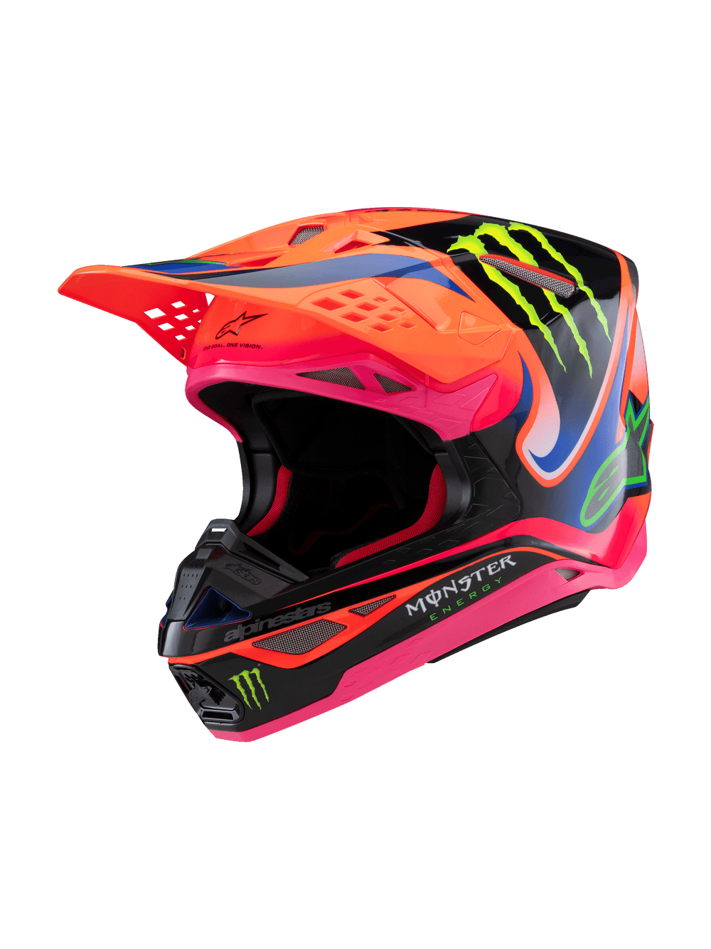 Alpinestars Supertech M10 Deegan Monster ECE 22.06 Helmet, Motocross Helmet, Orange Fluo, Purple, and Pink Gloss, featuring black panels and Monster Energy green claw branding, aerodynamic design with integrated ventilation ports, premium off-road racing gear