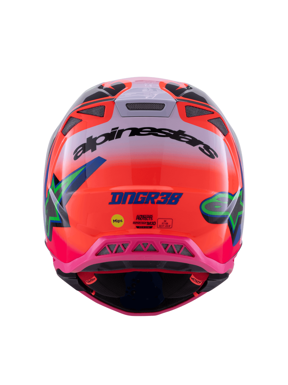 Alpinestars Supertech M10 Deegan Monster ECE 22.06 Helmet, Rear View, Orange Fluo and Pink Gloss gradient, featuring black Alpinestars branding, DNGR38 logo, yellow MIPS sticker, and integrated mesh ventilation ports, professional motocross head protection