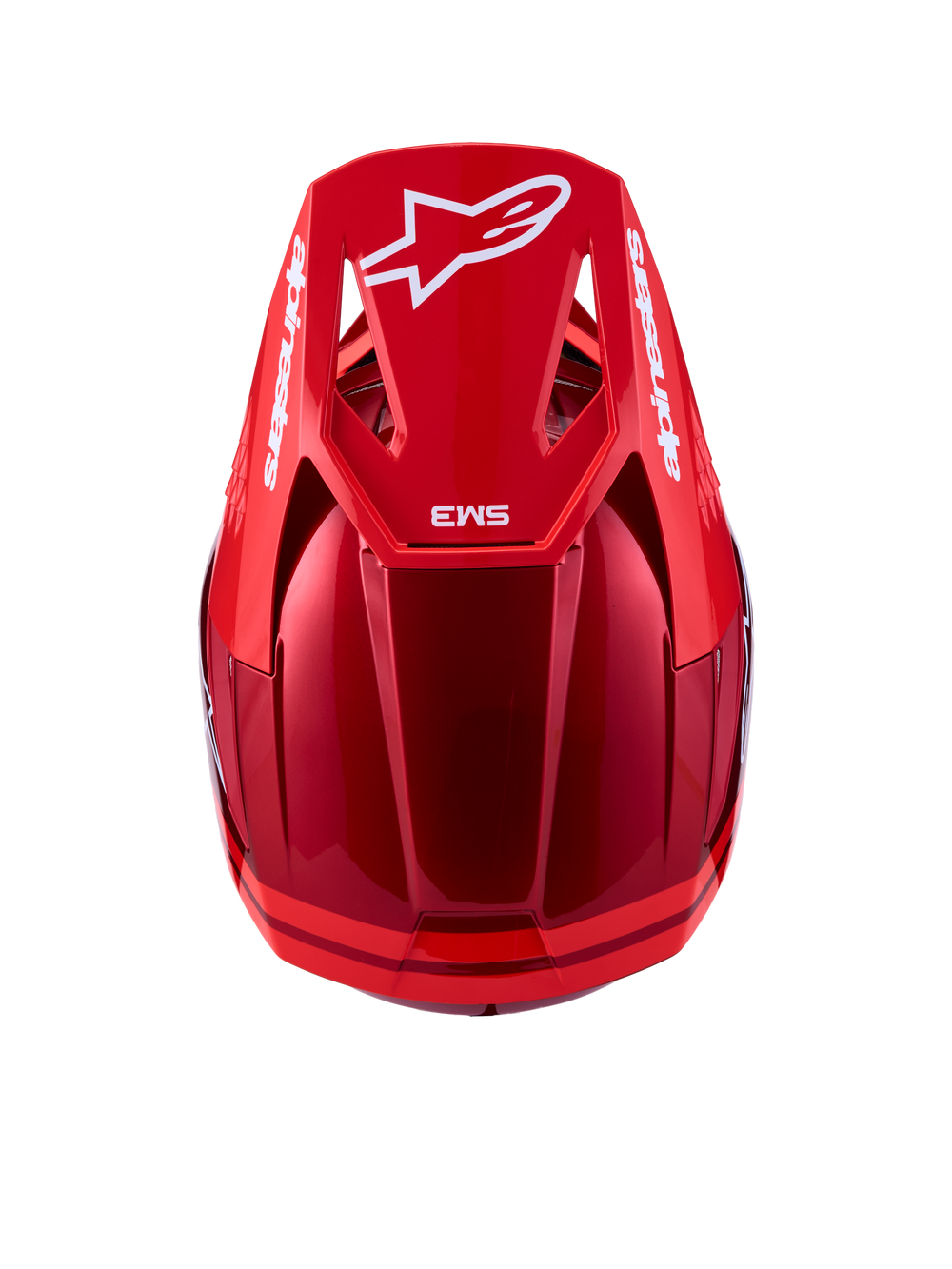Alpinestars SM3 Radium Motocross Helmet, Red and White, showing the aerodynamic shell and visor from above, ECE certified.