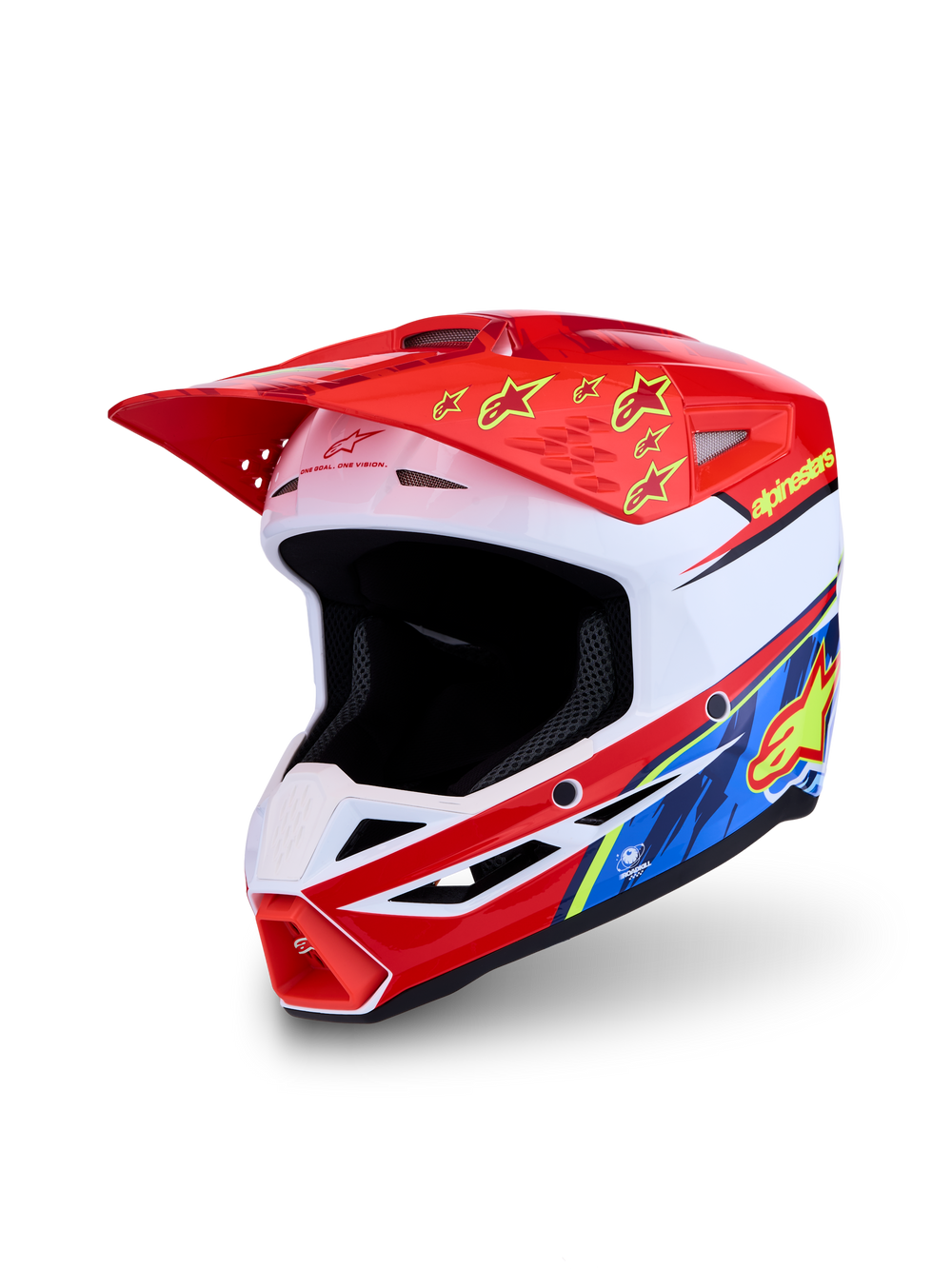 Alpinestars SM3 Falcon Helmet, red and white motocross helmet with blue accents and ECE 2206 certified off-road protection.