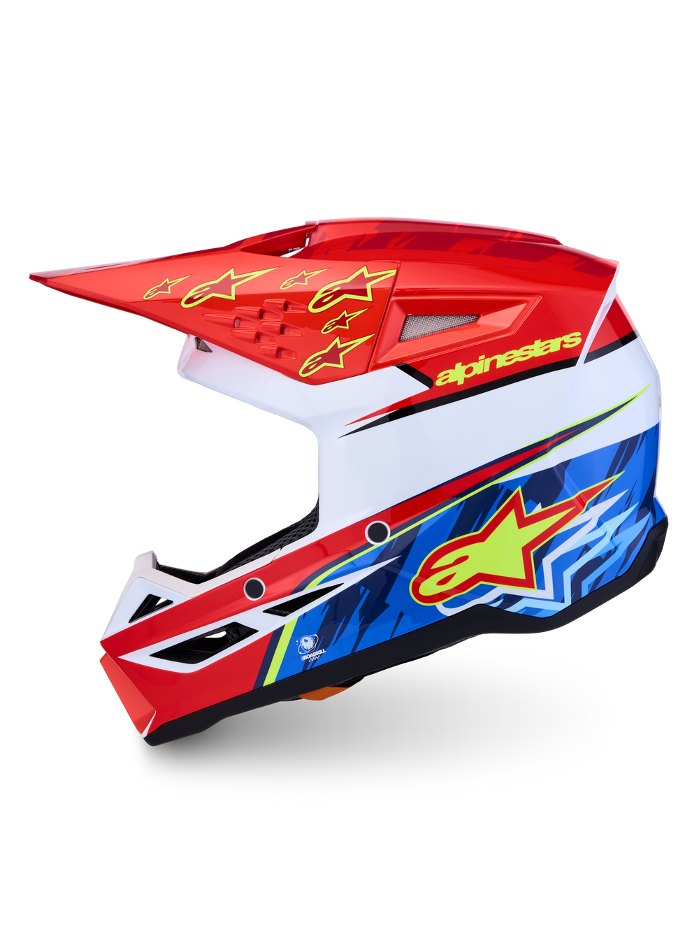 Alpinestars SM3 Falcon Motocross Helmet, Red Fluo, White, Blue, and Yellow Fluo, ECE 2206 and DOT certified.
