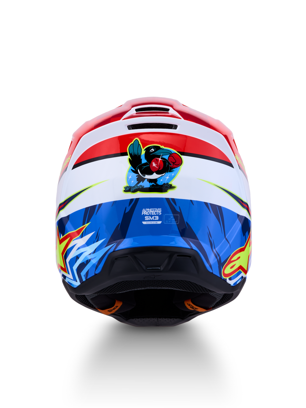 Alpinestars SM3 Falcon Motocross Helmet, Red, White, and Blue with boxing bird graphic, ECE 22.06 certified.