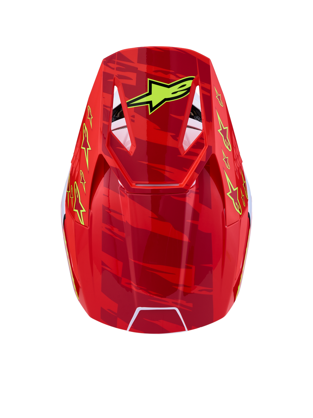 Alpinestars SM3 Falcon Helmet, Red and Fluo Yellow Motocross Helmet, top view with star graphics, ECE 2206 certified.