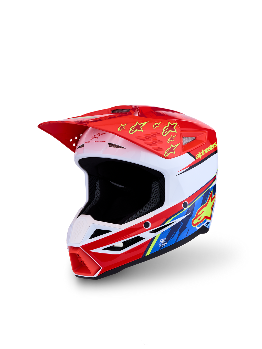 Alpinestars SM3 Youth Falcon Helmet, red and white motocross helmet with yellow accents, ECE 22.06 certified.