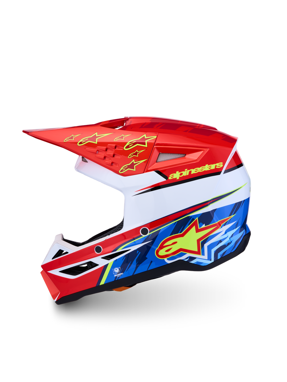 Alpinestars SM3 Youth Falcon Motocross Helmet in red fluo, white, and blue with lightweight thermoplastic shell.