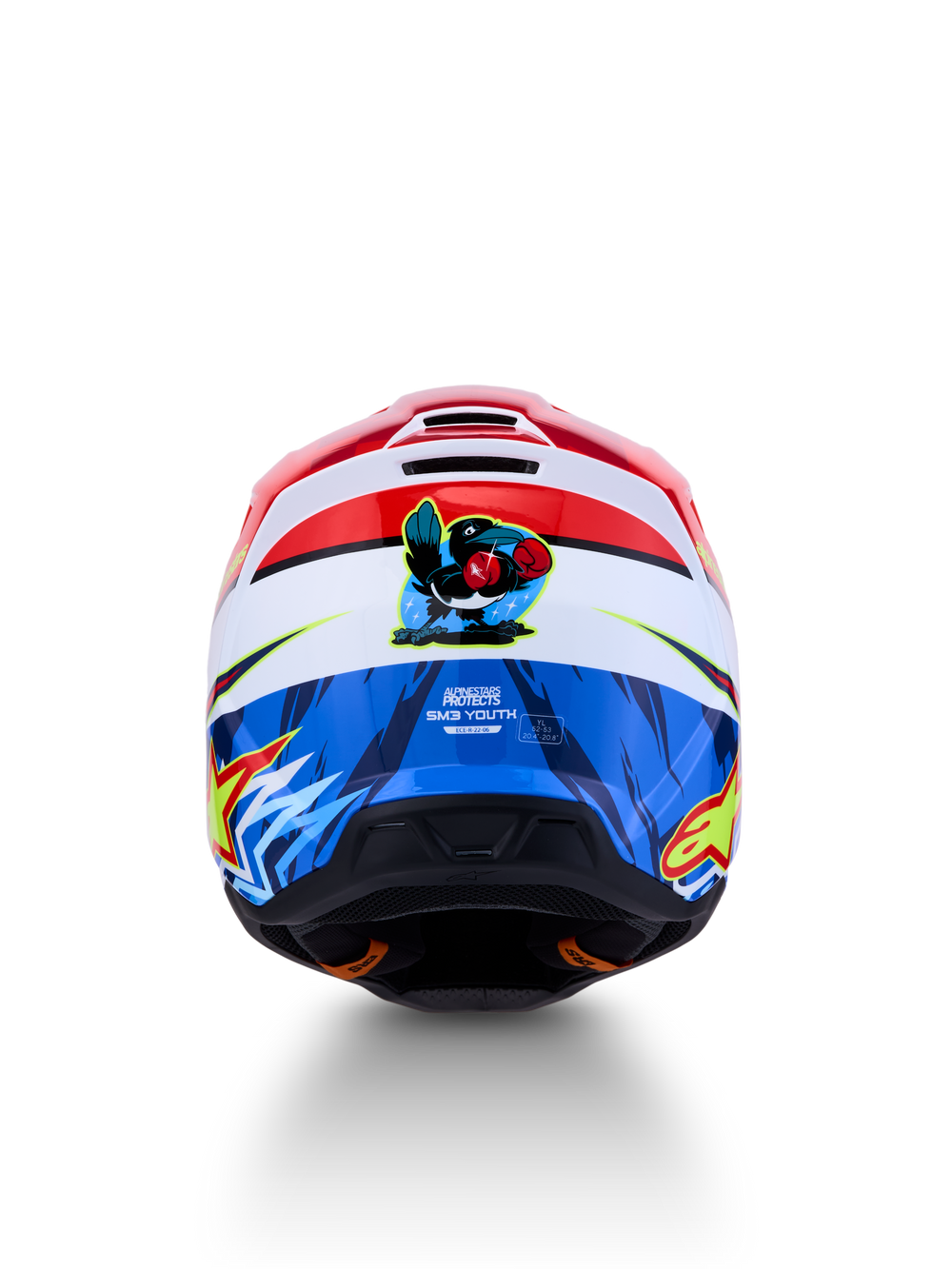Alpinestars SM3 Youth Falcon Helmet, red, white, and blue kids motocross helmet with rear falcon graphic, ECE certified.