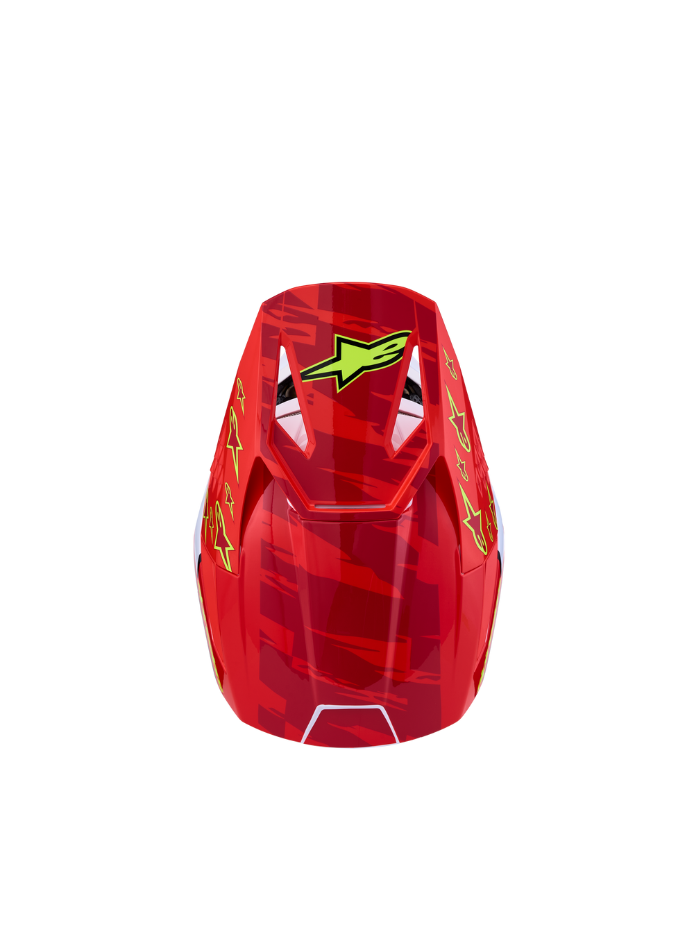 Alpinestars SM3 Youth Falcon Helmet, Motocross, Youth, Red and Neon Yellow, top view showing aerodynamic shell graphics.