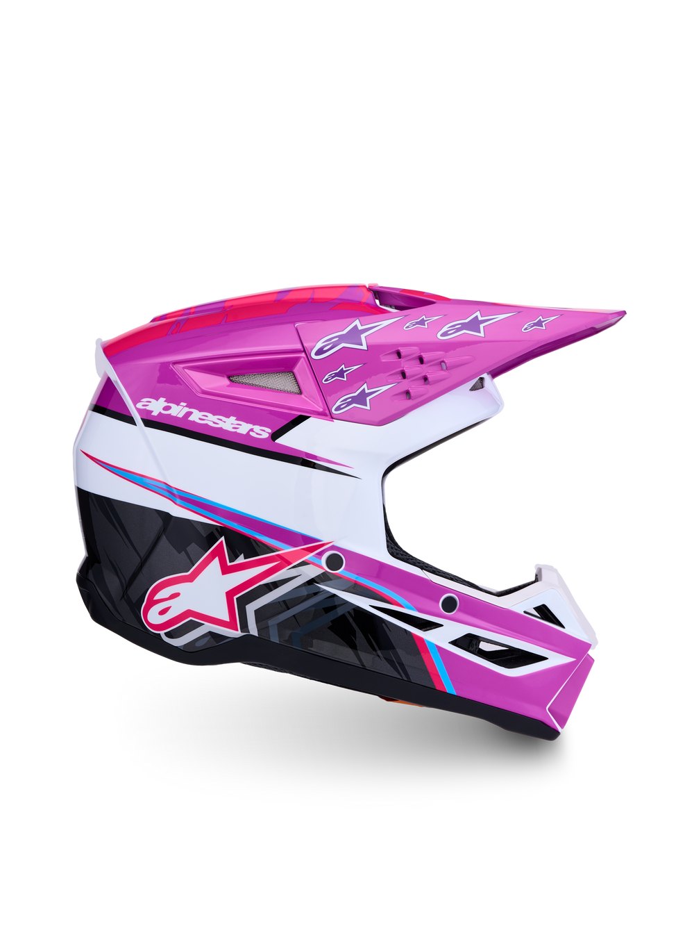 Alpinestars SM3 Youth Falcon Helmet ECE06/DOT, purple and white motocross racing gear with pink fluo and glossy finish.