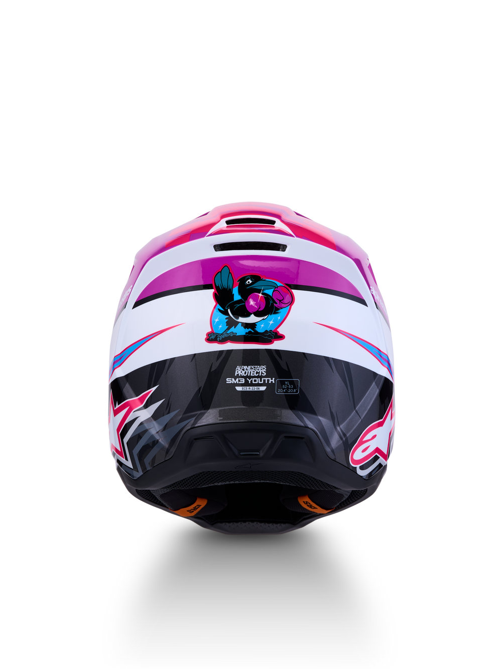 Alpinestars SM3 Youth Falcon Motocross Helmet, Purple and White, with a rear cartoon bird graphic and ECE certification.