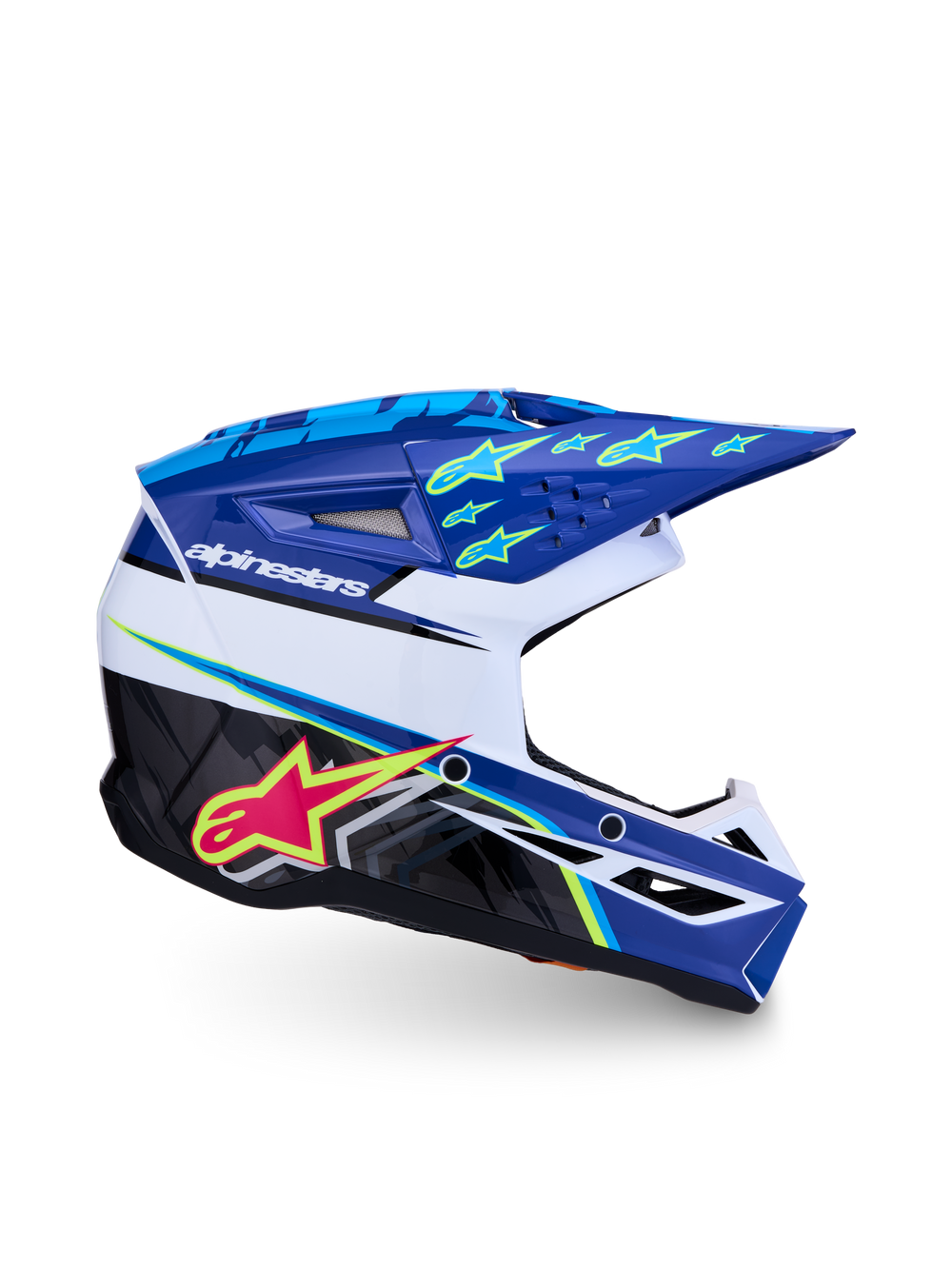 Alpinestars SM3 Youth Falcon Helmet, youth motocross gear, blue and white with neon yellow accents, ECE 22.06 and DOT certified.