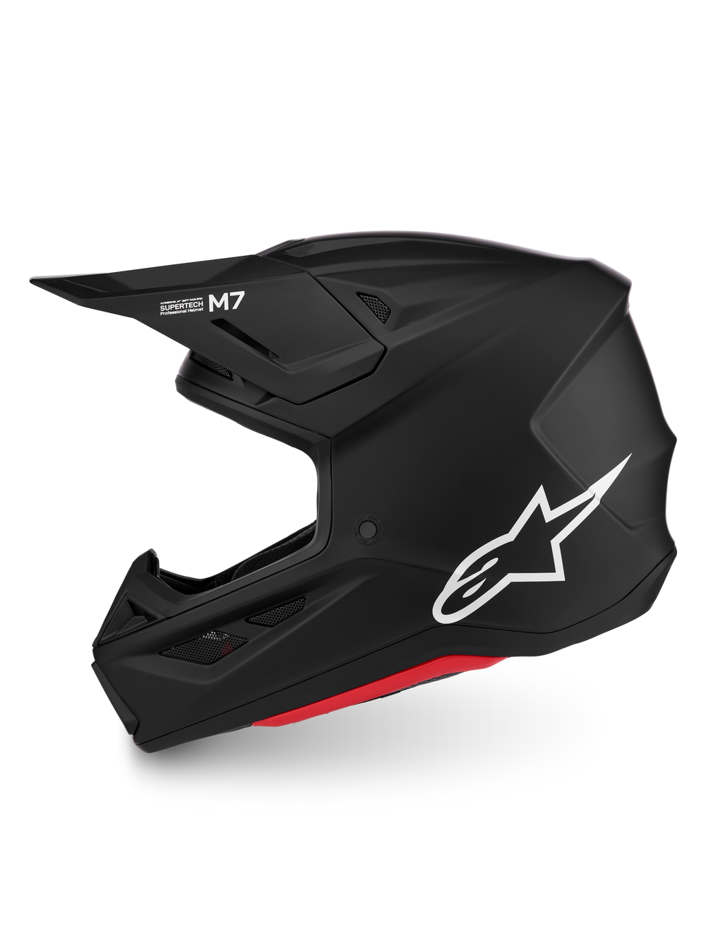 Alpinestars S-M7 Solid Helmet, matte black motocross helmet with white A-star logo, red trim, and ECE06 certification.