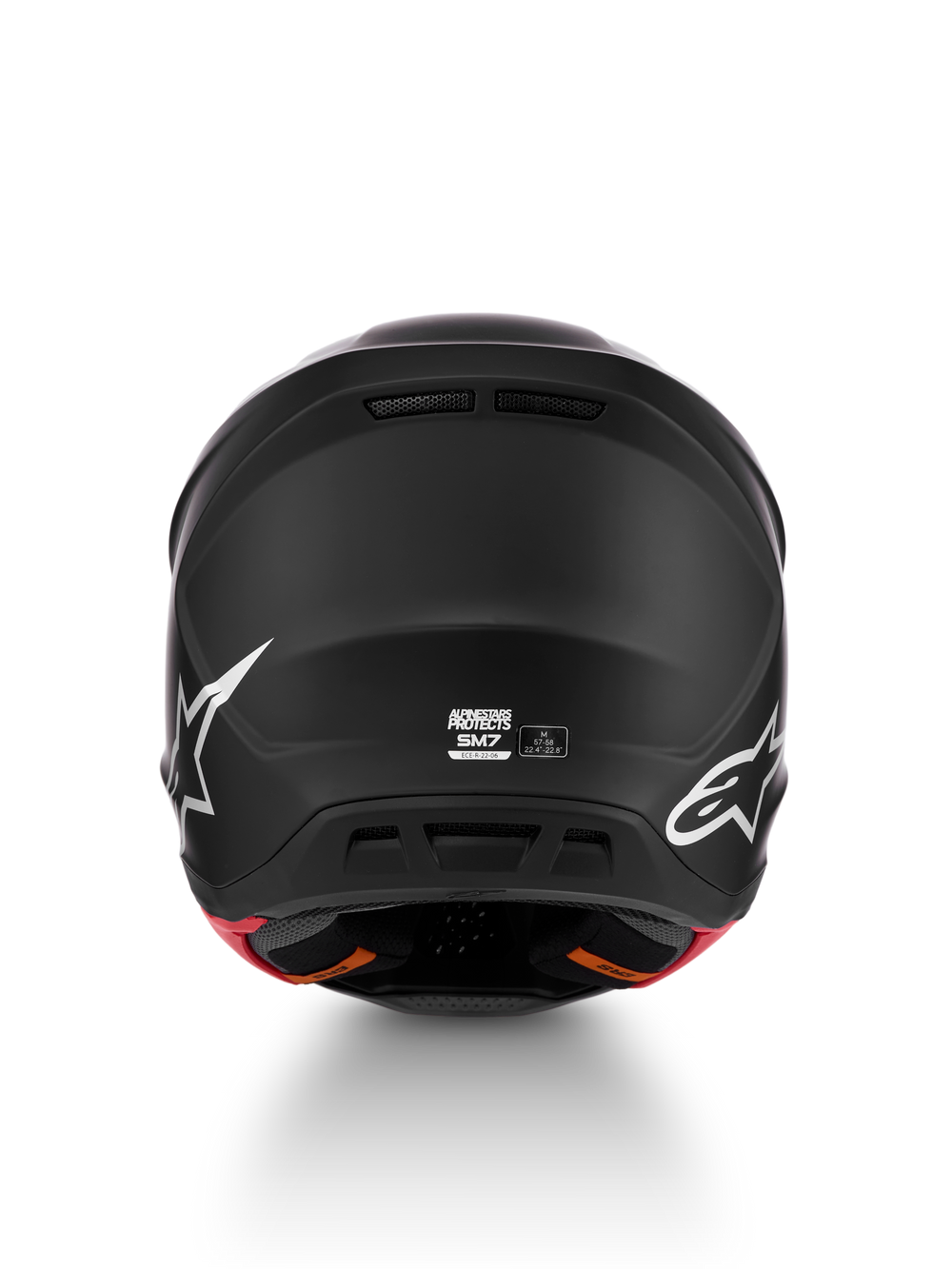 Alpinestars S-M7 Solid Helmet in matte black, rear view of aerodynamic motocross helmet showing ECE 22.06 certification.
