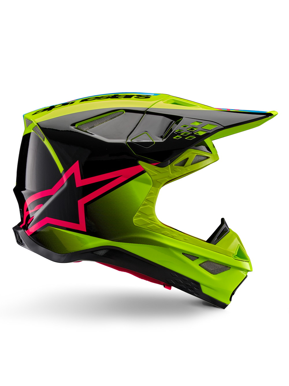 Alpinestars Supertech M10 Unite Helmet, Motocross Racing Helmet, Yellow Fluo and Black with Diva Pink Star Graphics, glossy aerodynamic design with multiple ventilation ports, ECE 22.06 certified