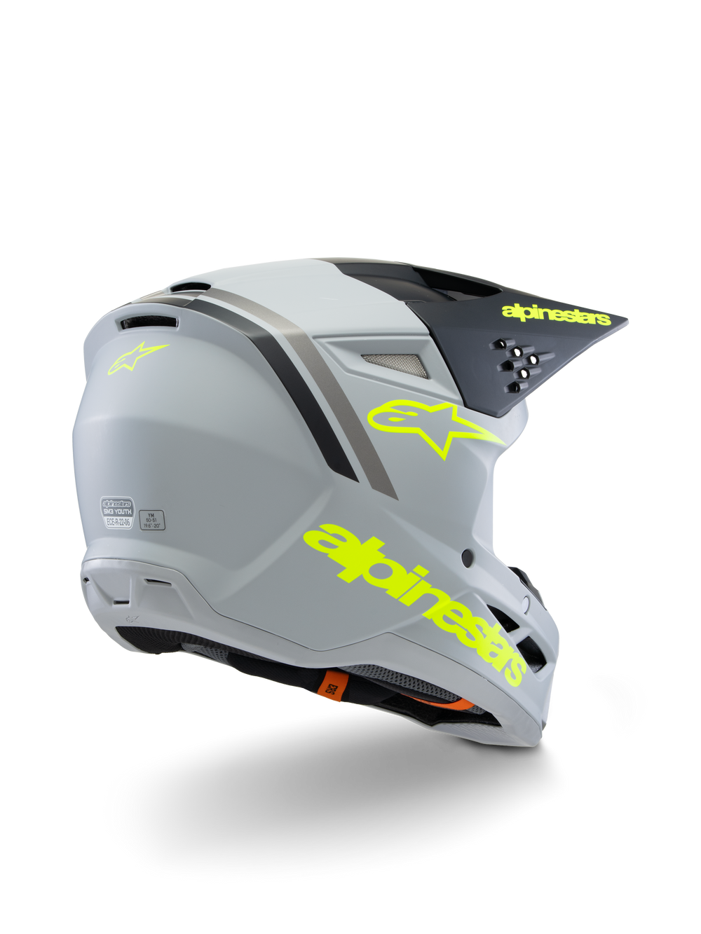 Alpinestars S-M3 Youth Radium Helmet ECE 22.06, Motocross Helmet, Gray Black and Fluorescent Yellow Matte, rear three-quarter view showing bold yellow branding and star logo, sleek aerodynamic shell with ventilation for off-road riding
