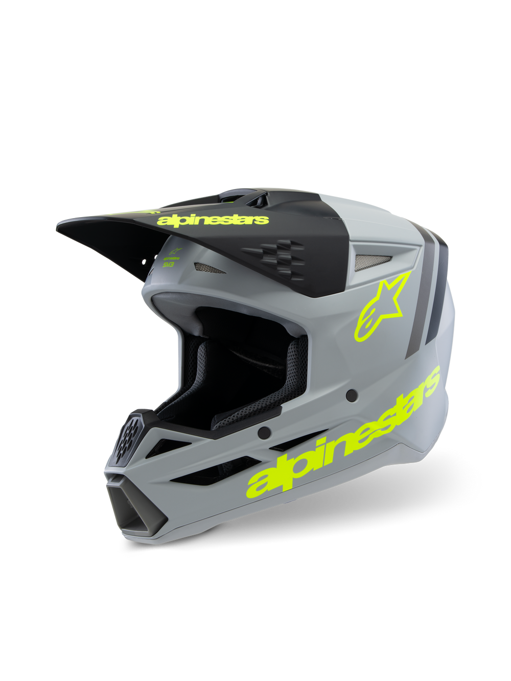 Alpinestars S-M3 Youth Radium Helmet ECE 22.06, Motocross Helmet, Matte Gray and Black with Fluorescent Yellow accents, featuring bold Alpinestars branding and star logo, youth off-road protective gear