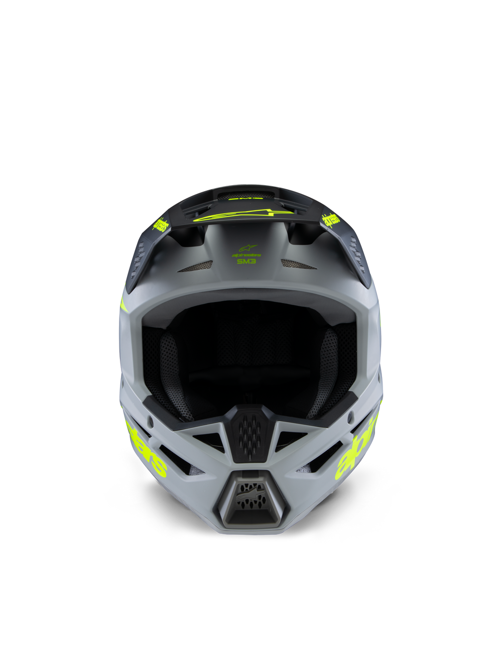 Alpinestars S-M3 Youth Radium Helmet, Motocross Helmet, Gray Black and Yellow Fluo Matte, front view featuring an aggressive angular shell, vibrant yellow logos on the sides and peak, matte finish designed for youth off-road and MX racing.