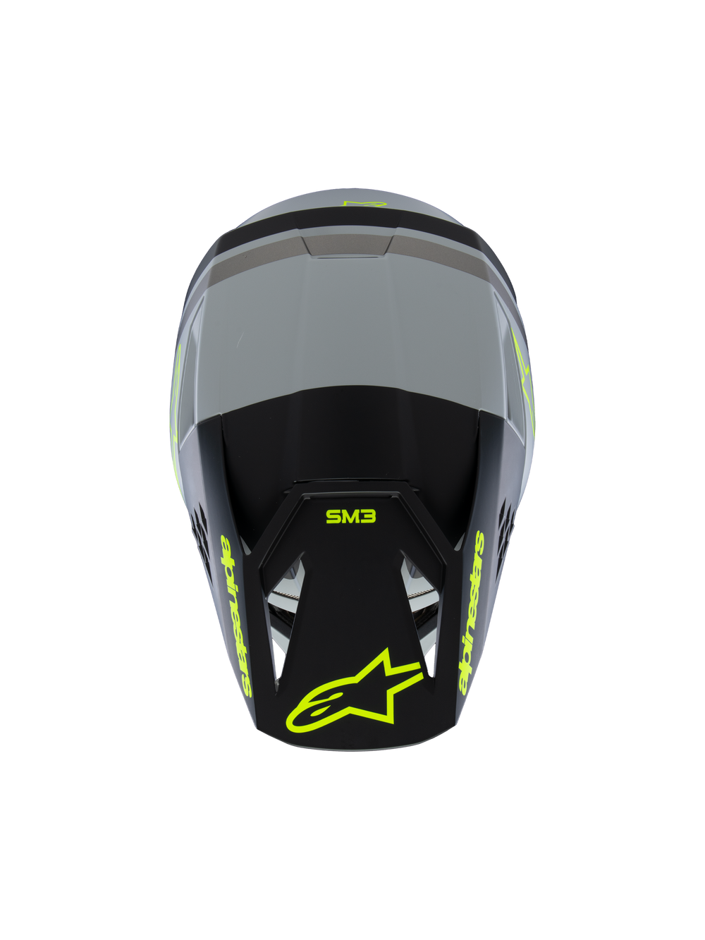 Alpinestars S-M3 Youth Radium Helmet ECE 22.06, Motocross Helmet, Matte Gray and Black with Fluorescent Yellow accents, Top view showing Alpinestars and SM3 branding, specialized youth off-road head protection