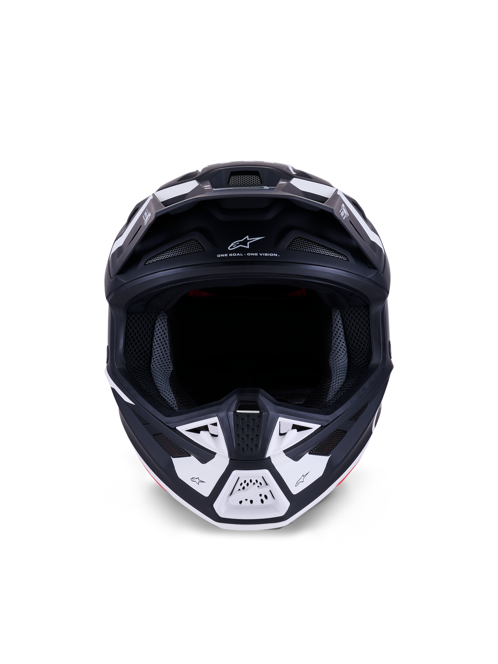 Alpinestars S-M7 Dasher Helmet ECE 22.06, Motocross Helmet, Matte Black and White, Front view showing ventilation ports and geometric graphics, features 