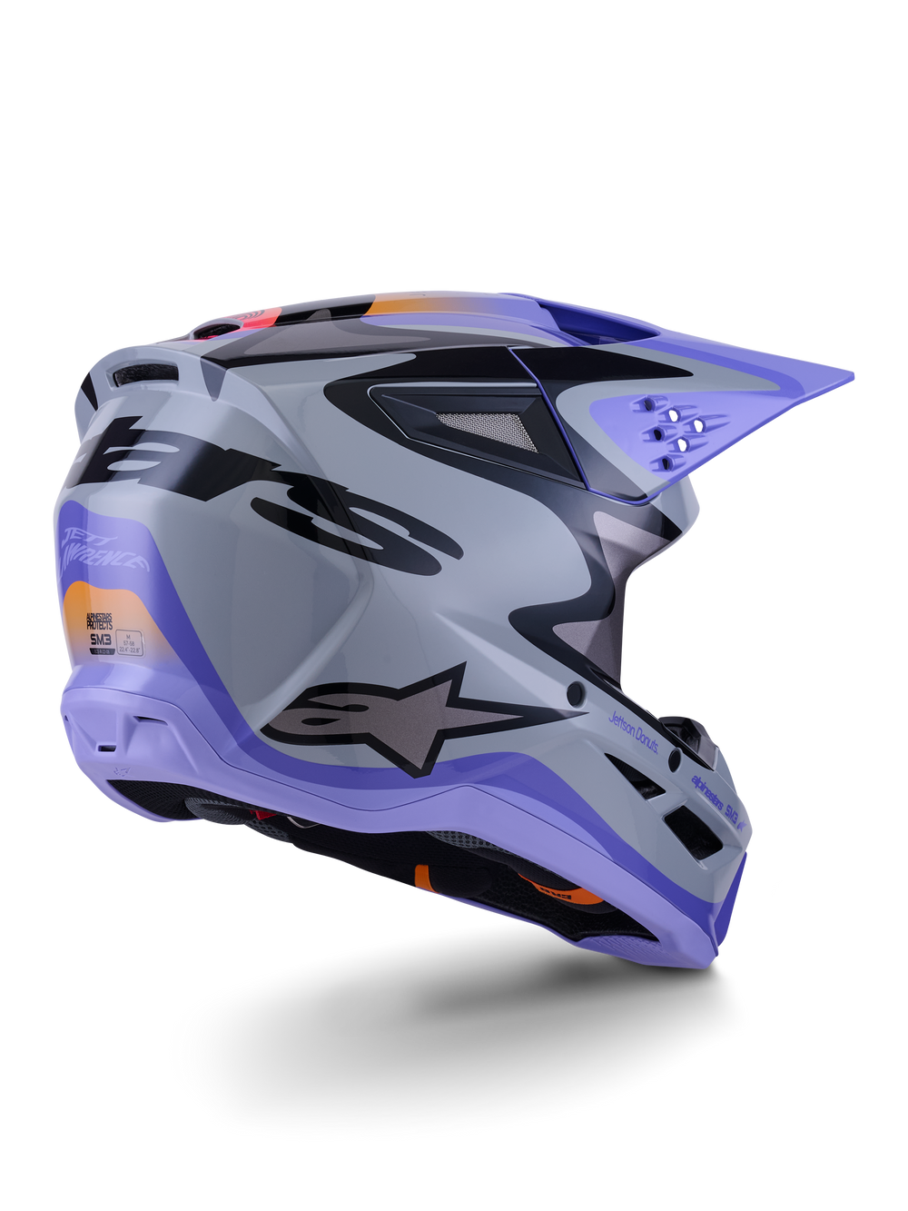 Alpinestars SM3 Jettson Motocross Helmet, gray and purple glossy, ECE 22.06 certified, rear three-quarter view.