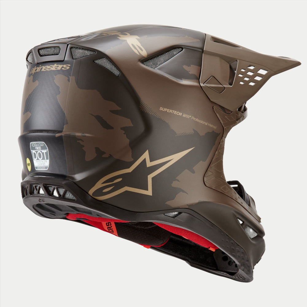 Alpinestars Supertech M10 Squad 23 Motocross Helmet, Dark Brown and Kangaroo Gold, DOT and ECE certified carbon shell.