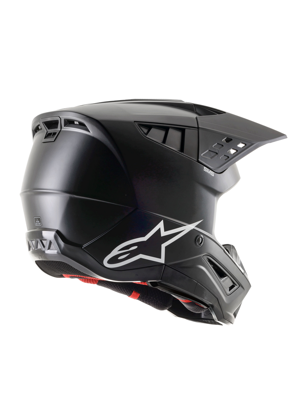 Alpinestars S-M5 Solid Helmet ECE 22.06, Matte Black Motocross Helmet, side-rear profile view featuring a white Alpinestars logo, multiple ventilation ports, and integrated visor for off-road riding protection