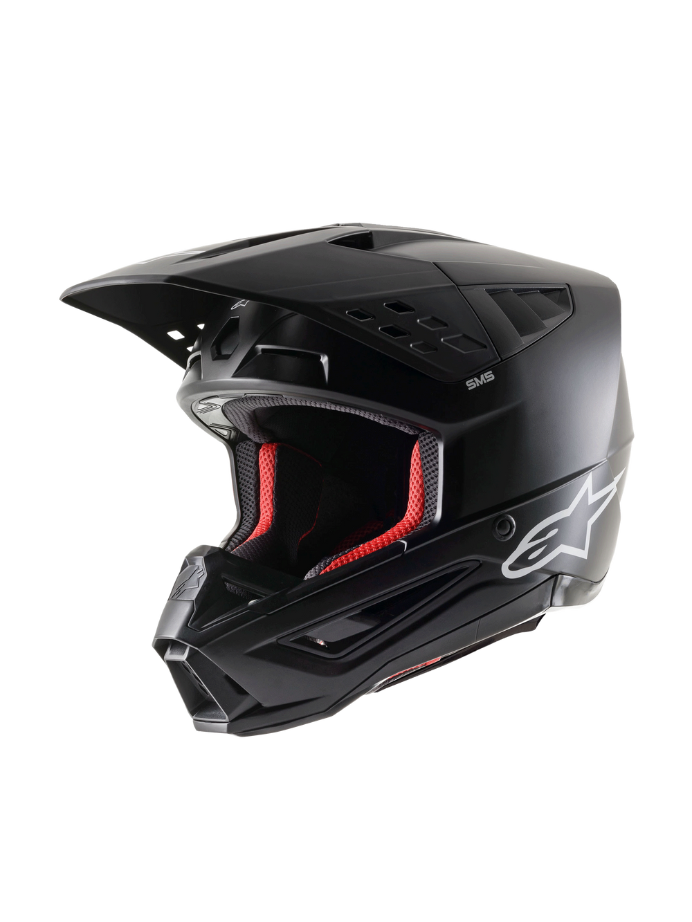 Alpinestars S-M5 Solid Helmet ECE 22.06, Motocross Helmet, Black Matt, three-quarter view, featuring white Alpinestars logo on the side and red interior padding, aerodynamic design with multiple ventilation ports