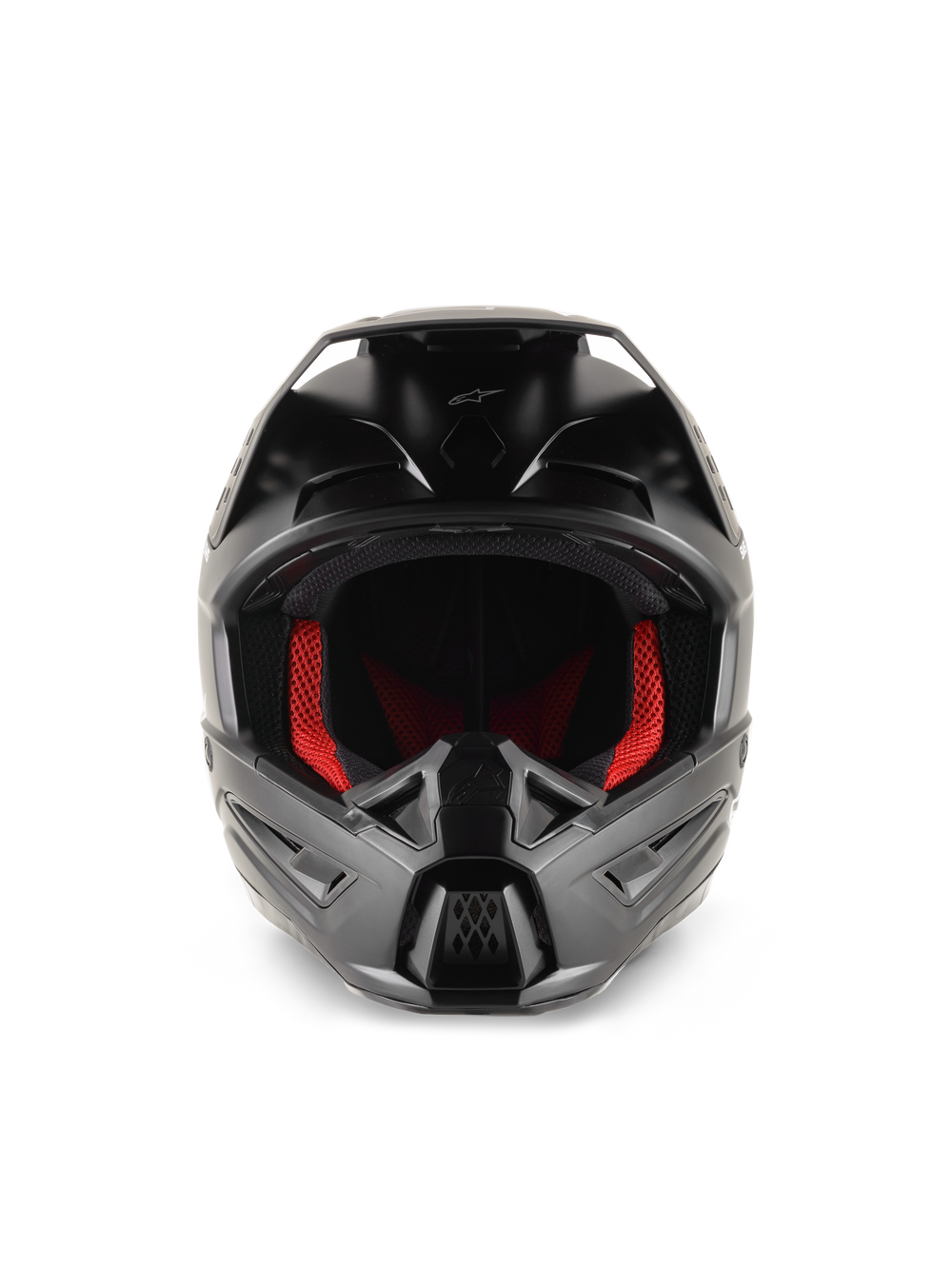 Alpinestars S-M5 Solid Helmet, Motocross Helmet, Black Matte, front view featuring red interior padding, sculpted chin bar with ventilation ports, and protective visor for off-road racing