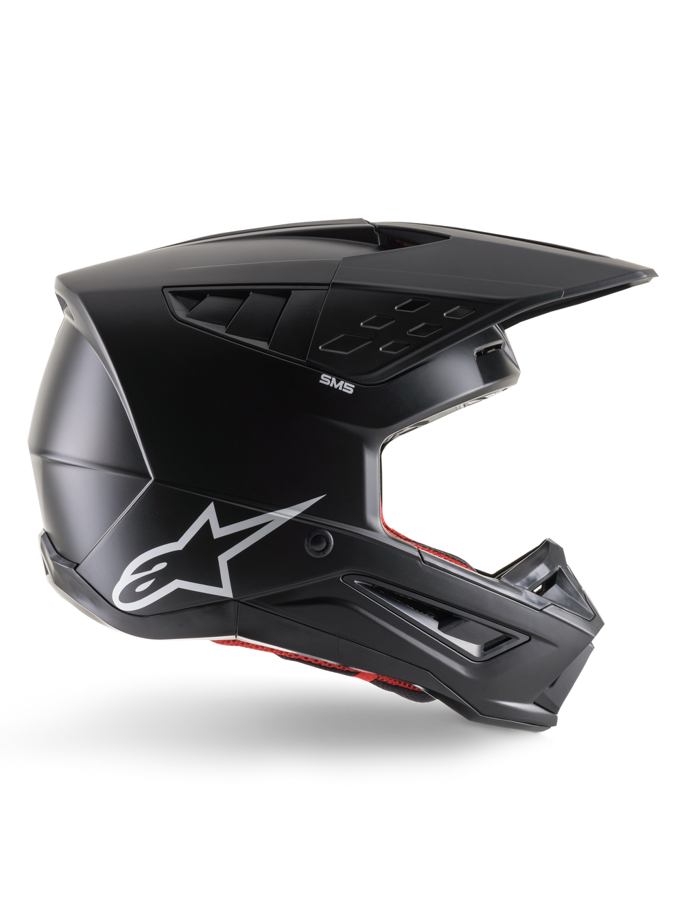 Alpinestars S-M5 Solid Helmet, Motocross Helmet, Matte Black, featuring white Alpinestars star logo and red interior lining, aerodynamic design with multiple air vents and long visor, ECE 22.06 certified off-road protection