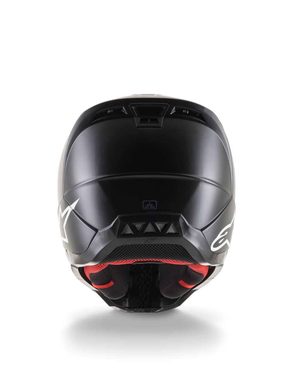 Rear view of the Alpinestars S-M5 Solid Helmet ECE 22.06, Motocross Helmet, Black Matte finish, featuring white Alpinestars logos on the sides, red inner lining, and aerodynamic shell with exhaust vents.