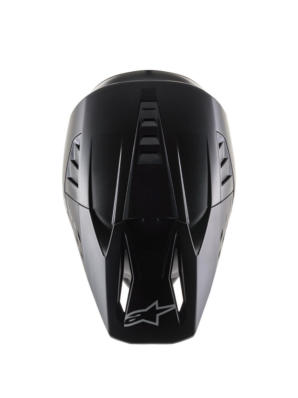 Alpinestars S-M5 Solid Helmet ECE 22.06, Motocross Helmet, Black Matt, top-down view showing the aerodynamic shell with ventilation ridges, visor featuring air intake ports and Alpinestars logo, sleek matte finish designed for off-road racing.
