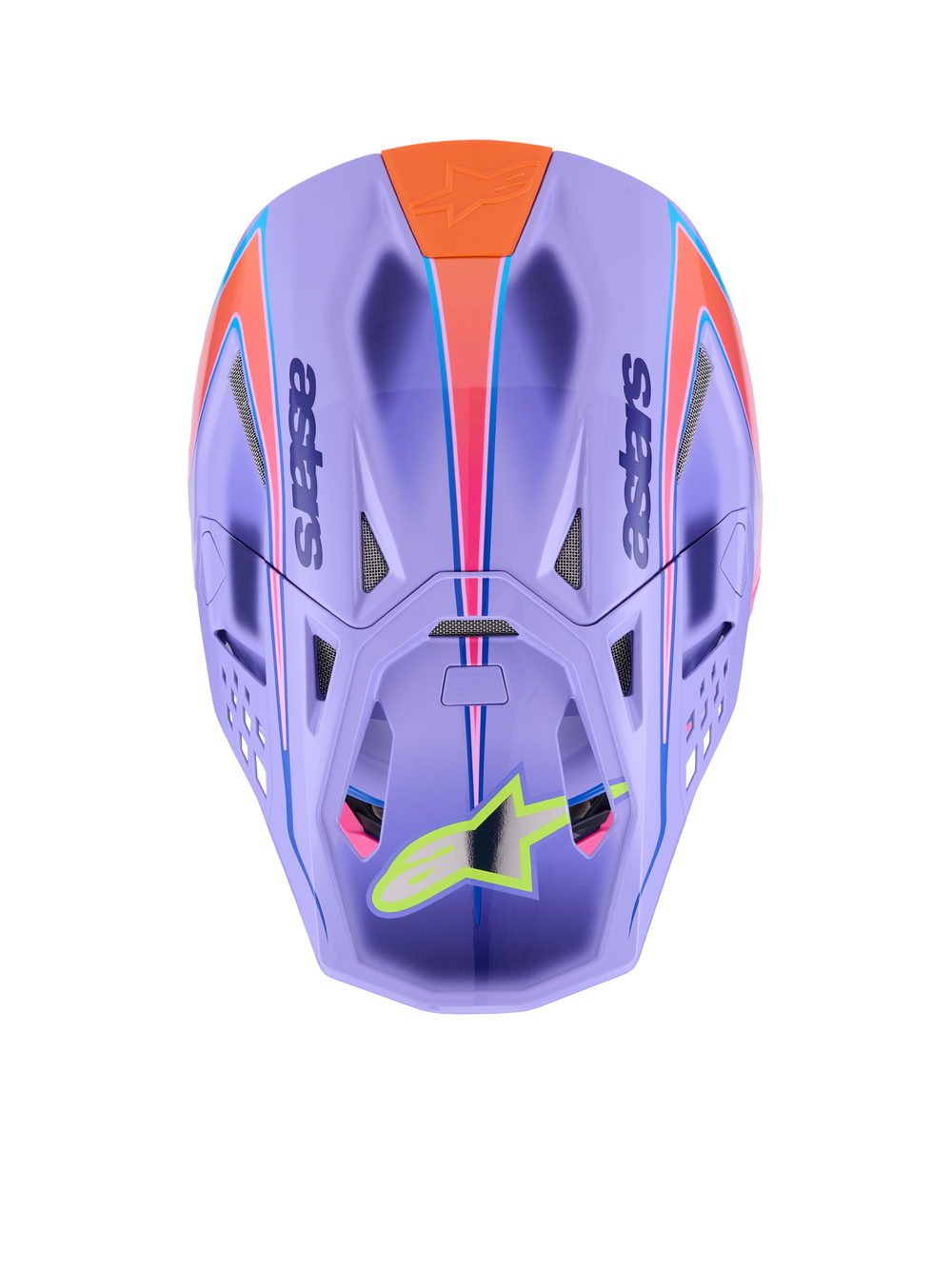 Alpinestars Supertech M10 Jett Lawrence R01 Helmet, Motocross Helmet, Purple with Pink and Orange graphics, top-down view showing ventilation ports and aerodynamic shell, neon yellow star logo on the visor, advanced carbon fiber construction for off-road racing