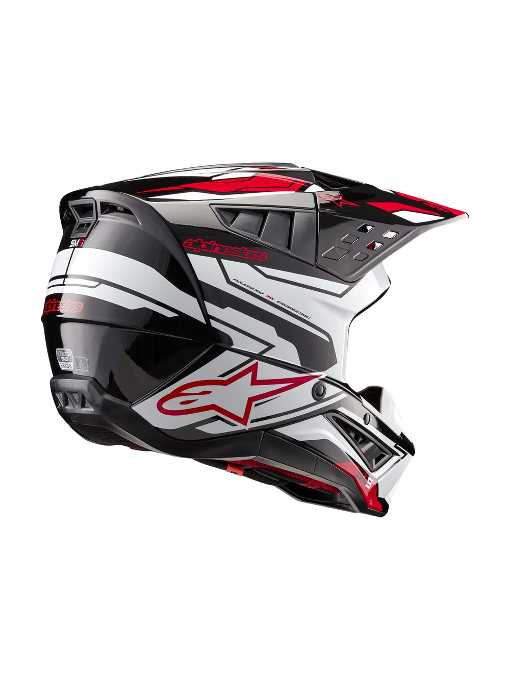 Alpinestars S-M5 Action 2 Motocross Helmet in glossy black, white and bright red with ECE safety certification.