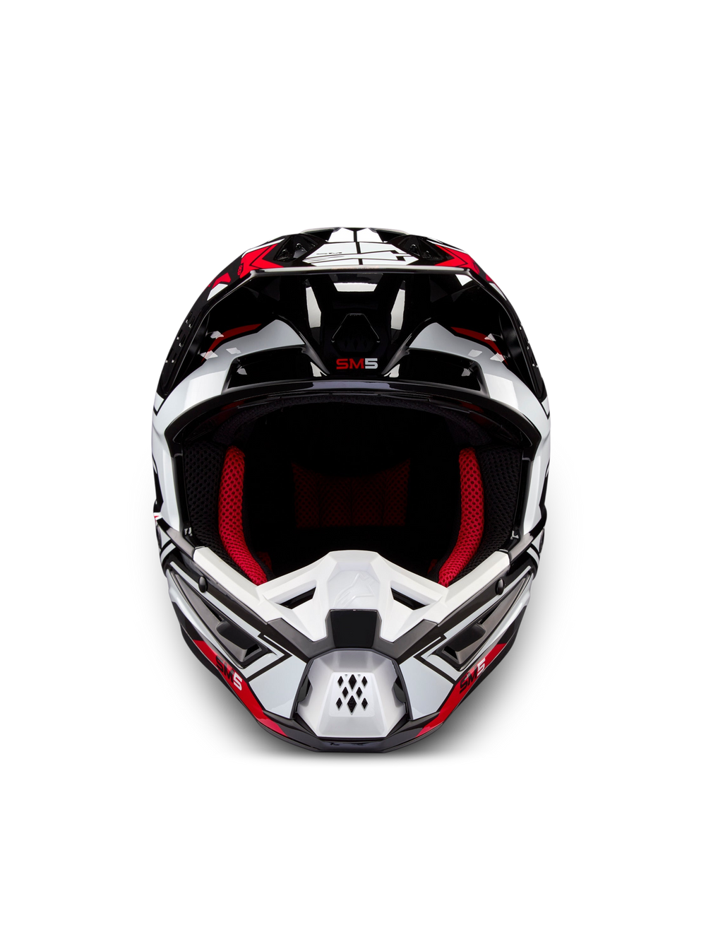 Alpinestars S-M5 Action 2 Helmet, motocross helmet in black, white and bright red glossy graphics, front view with red interior padding